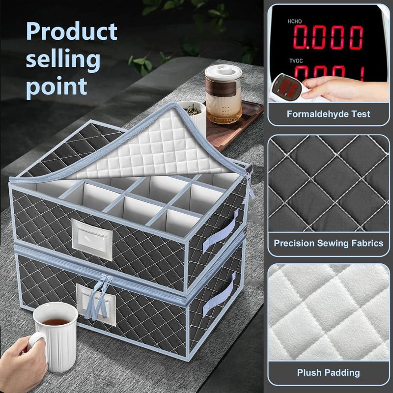 VERONLY China Dinnerware Storage Containers Set DishMugStemware Storage Cases  Quilted Box Bins Stackable with DividerhandlesClear Window for CupsPlatesWine Glasses Moving Set of 6 Grey - Image 5