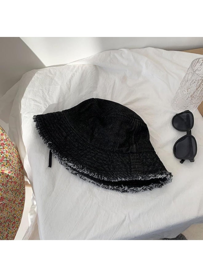 Unisex Reversible Denim Bucket Hat with Frayed Edge - Black, 55-58cm - Image 4