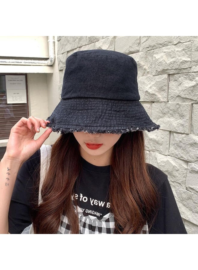 Unisex Reversible Denim Bucket Hat with Frayed Edge - Black, 55-58cm - Image 5