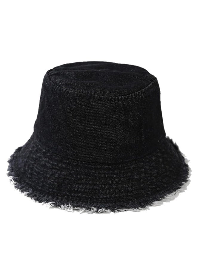 Unisex Reversible Denim Bucket Hat with Frayed Edge - Black, 55-58cm - Image 1