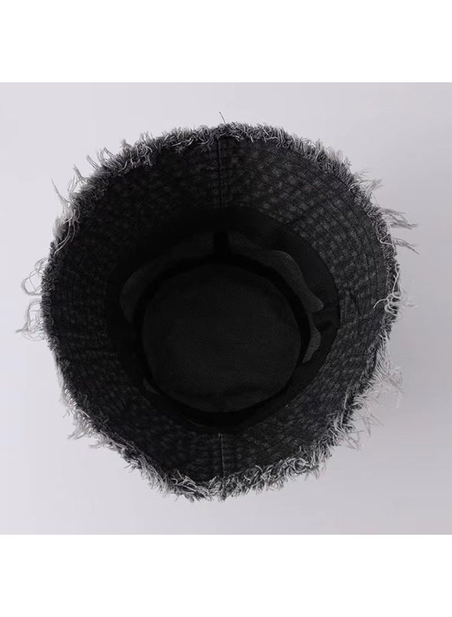Unisex Reversible Denim Bucket Hat with Frayed Edge - Black, 55-58cm - Image 2
