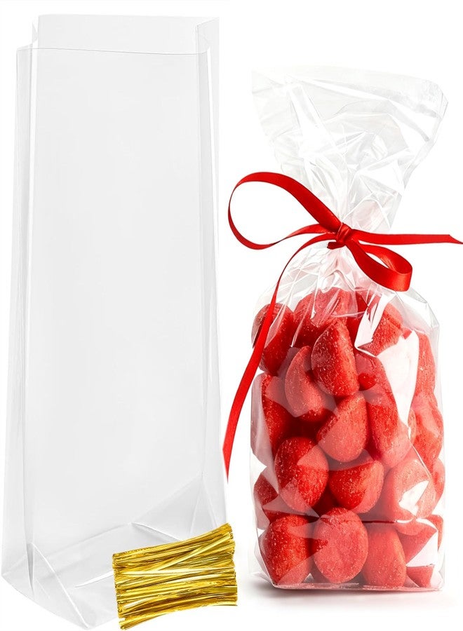 Ohuimrt 100 Pack 6 x 9 x 2.4 Inch Bottom Gusset Cellophane Bags, Clear Treat Bags Plastic Goodie Gift Packaging with Ties for Cookies, Party Favors, Snacks, Popcorn, Candies - Image 1