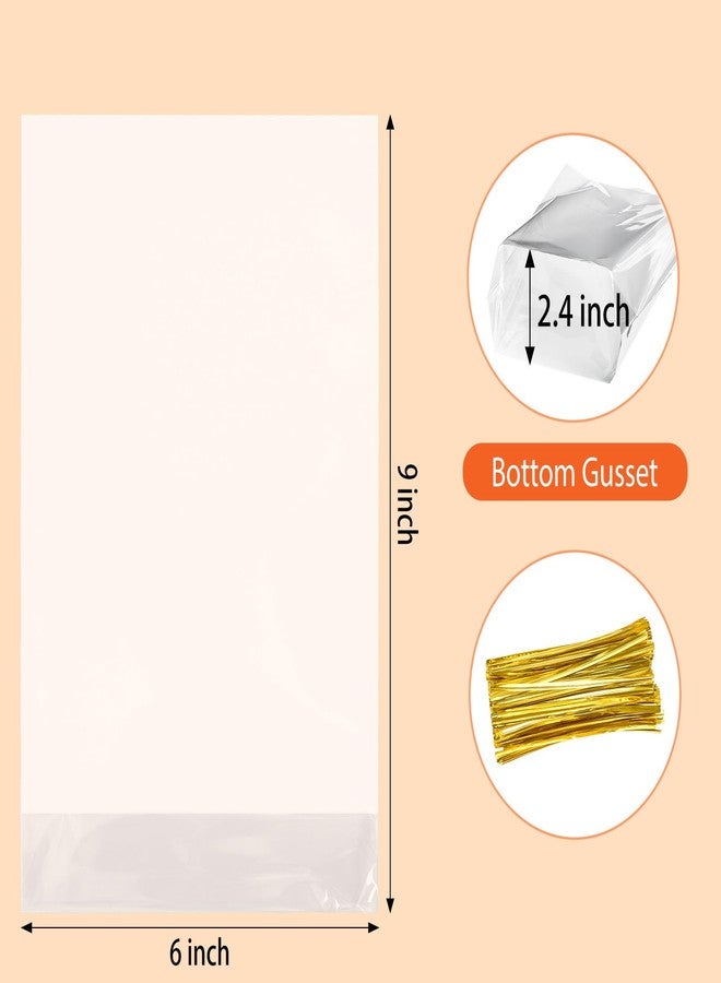 Ohuimrt 100 Pack 6 x 9 x 2.4 Inch Bottom Gusset Cellophane Bags, Clear Treat Bags Plastic Goodie Gift Packaging with Ties for Cookies, Party Favors, Snacks, Popcorn, Candies - Image 3