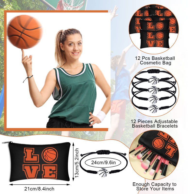 Kajaia 24 Pcs Basketball Makeup Bag and Bracelet Gifts Set for Women Portable Bag with Zippers Charms Cord Braided Party Favors Gifts for Basketball Team Stuff(Black) - Image 2