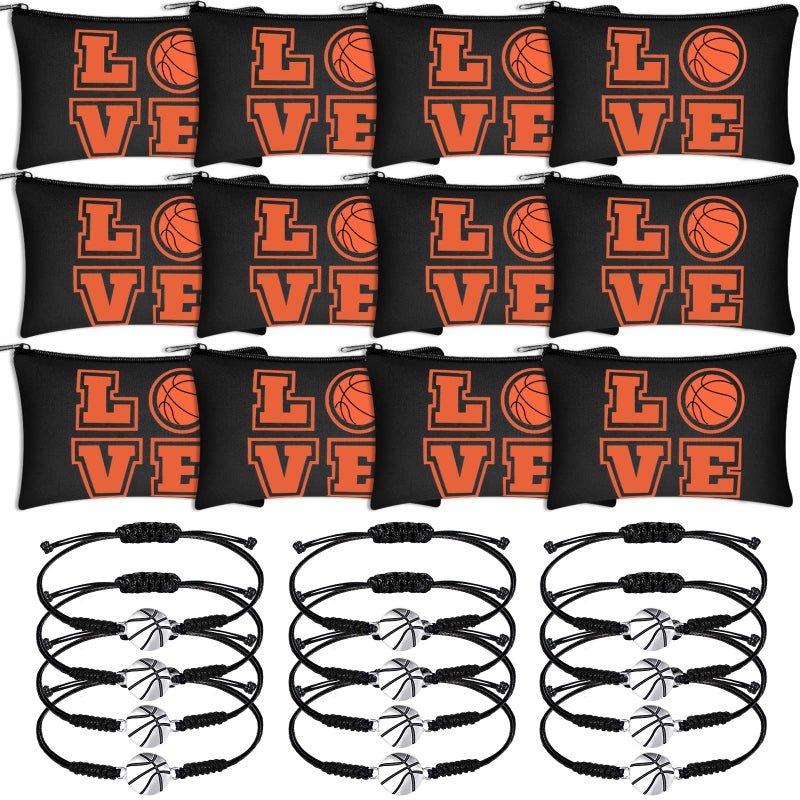 Kajaia 24 Pcs Basketball Makeup Bag and Bracelet Gifts Set for Women Portable Bag with Zippers Charms Cord Braided Party Favors Gifts for Basketball Team Stuff(Black) - Image 1