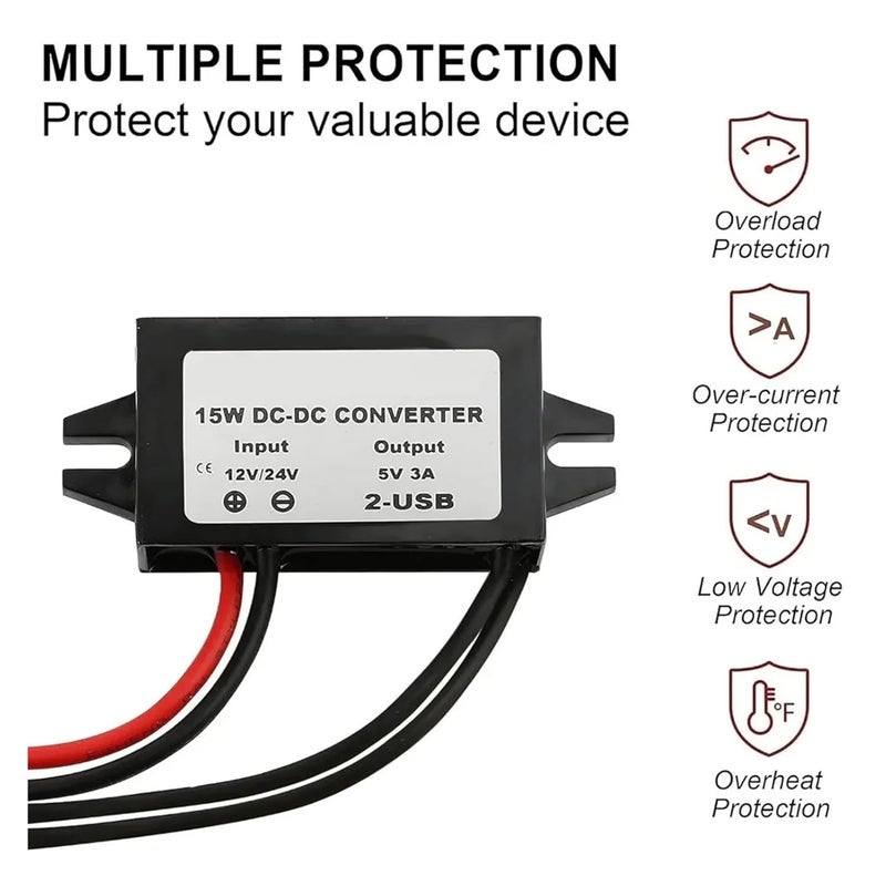 12V 24V To 5V 3A Waterproof Buck Converter Dual USB Type C Car Power Adapter Open Wire - Image 3