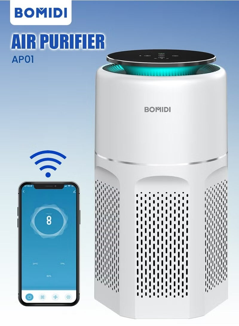 BOMIDI منقي الهواء – جهاز تنقية الهواء المنزلي للحساسية، الحيوانات الأليفة، الغبار، العفن، الدخان، مزيل الروائح، فلتر H13 HEPA الحقيقي، مستشعر PM2.5، تحكم ذكي عبر الواي فاي، وضع النوم، قفل الأطفال، دوران هواء 360°، تشغيل هادئ، AP01 - Image 2
