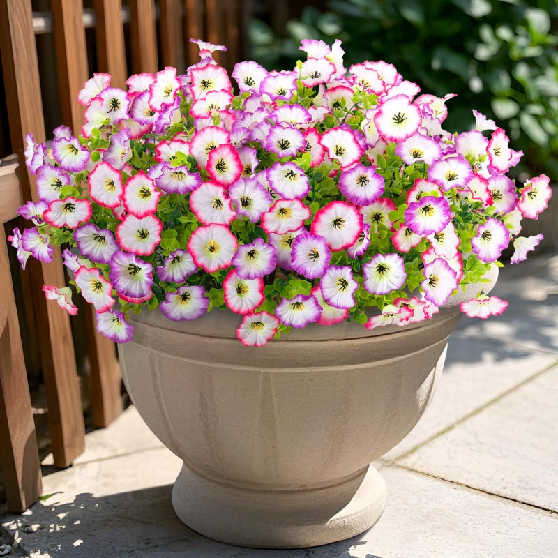 Hrobek Artificial Flowers for Outdoor Spring Summer Decoration, 10 Bundles Fake Plastic Flower Plant, Faux Colorful Silk Morning Glory Eucalyptus for Outside Garden Porch Front Door Decor, Pink White - Image 1
