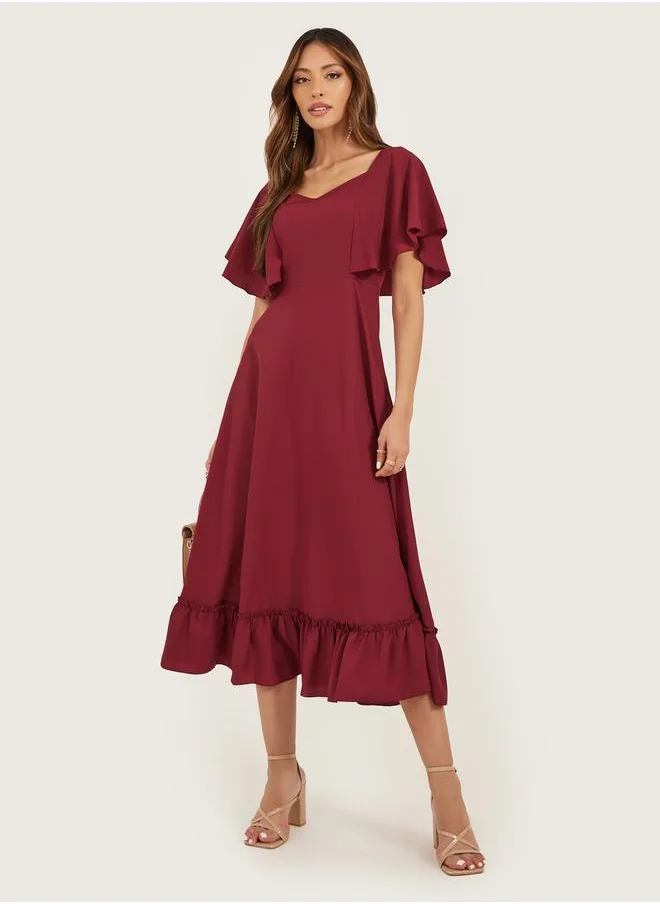 ستايلي Solid Sweetheart Neck Cape Sleeves A-Line Midi Dress