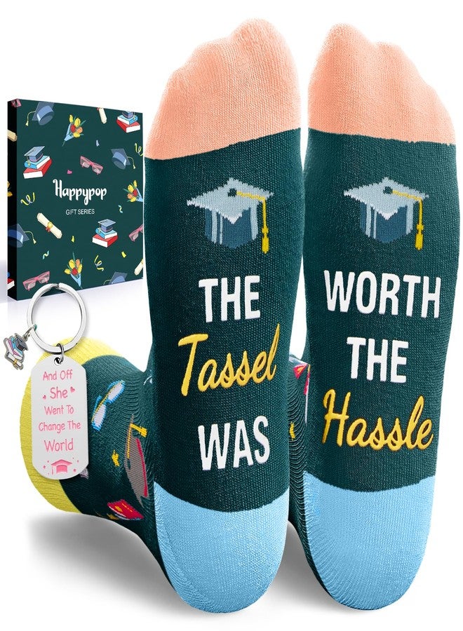 Happy Pop هدايا تخرج هابي بوب 2025 لها - جوارب مع سلسلة مفاتيح للتخرج، تهانينا للخريجات الجامعيات، أفكار هدايا لخريجات الماجستير للنساء - Image 1