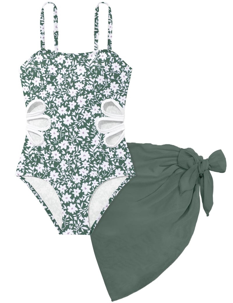 TALLWH Girl Swimsuit Bathing Suits Size 8-10 Printed Adjustable Straps Cut Out One Piece Swimsuit with Solid Color Cover Up Skirt Girls' Swimwear - Image 1