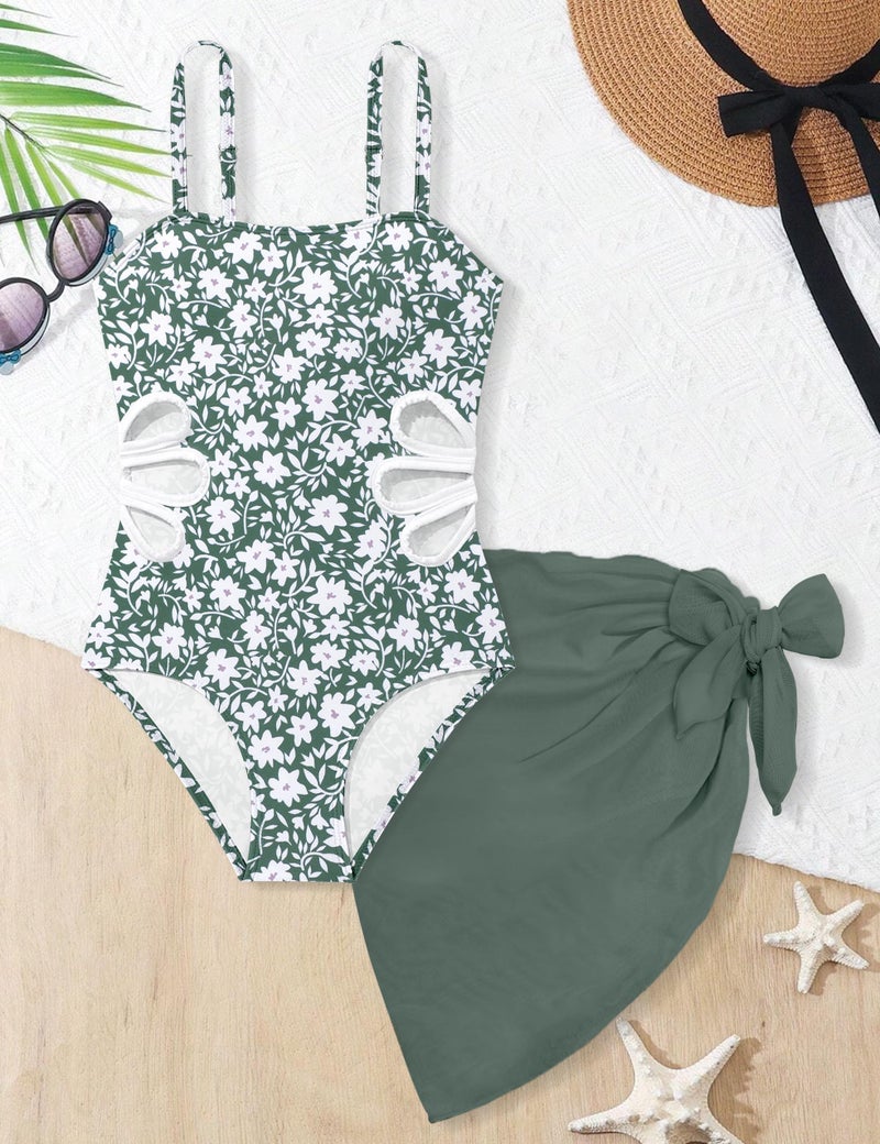 TALLWH Girl Swimsuit Bathing Suits Size 8-10 Printed Adjustable Straps Cut Out One Piece Swimsuit with Solid Color Cover Up Skirt Girls' Swimwear - Image 4