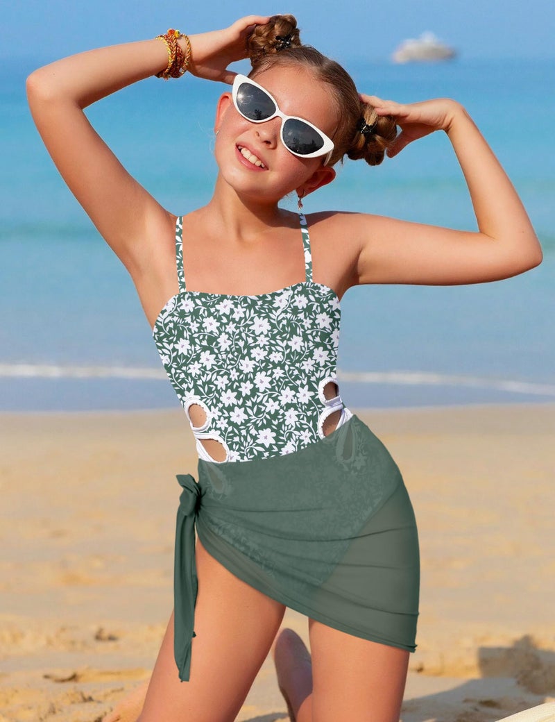 TALLWH Girl Swimsuit Bathing Suits Size 8-10 Printed Adjustable Straps Cut Out One Piece Swimsuit with Solid Color Cover Up Skirt Girls' Swimwear - Image 3