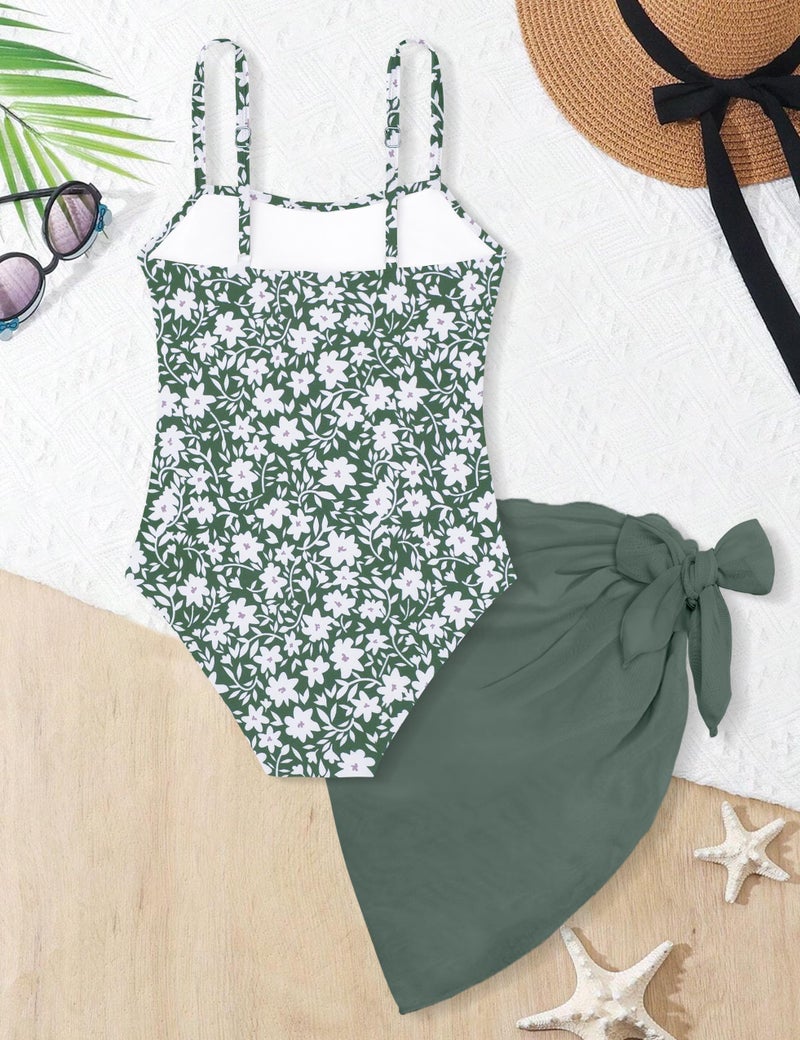 TALLWH Girl Swimsuit Bathing Suits Size 8-10 Printed Adjustable Straps Cut Out One Piece Swimsuit with Solid Color Cover Up Skirt Girls' Swimwear - Image 5