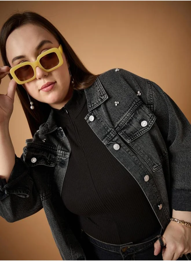 ساسافراس Plus Size Embellished Detail Washed Denim Jacket with Pocket Detail