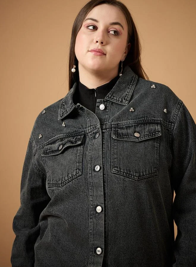 SASSAFRAS Plus Size Embellished Detail Washed Denim Jacket with Pocket Detail by Styli