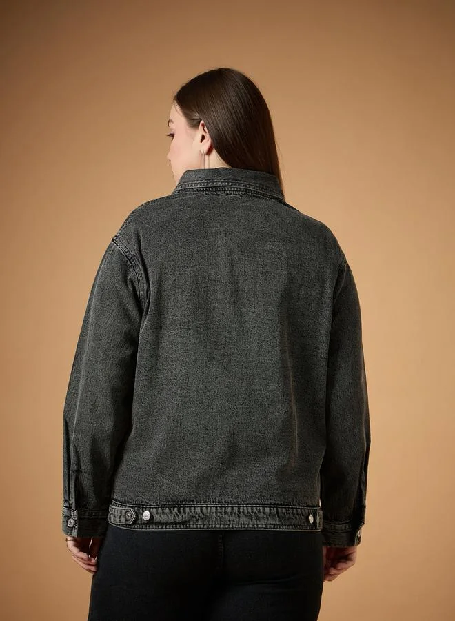 SASSAFRAS Plus Size Embellished Detail Washed Denim Jacket with Pocket Detail by Styli