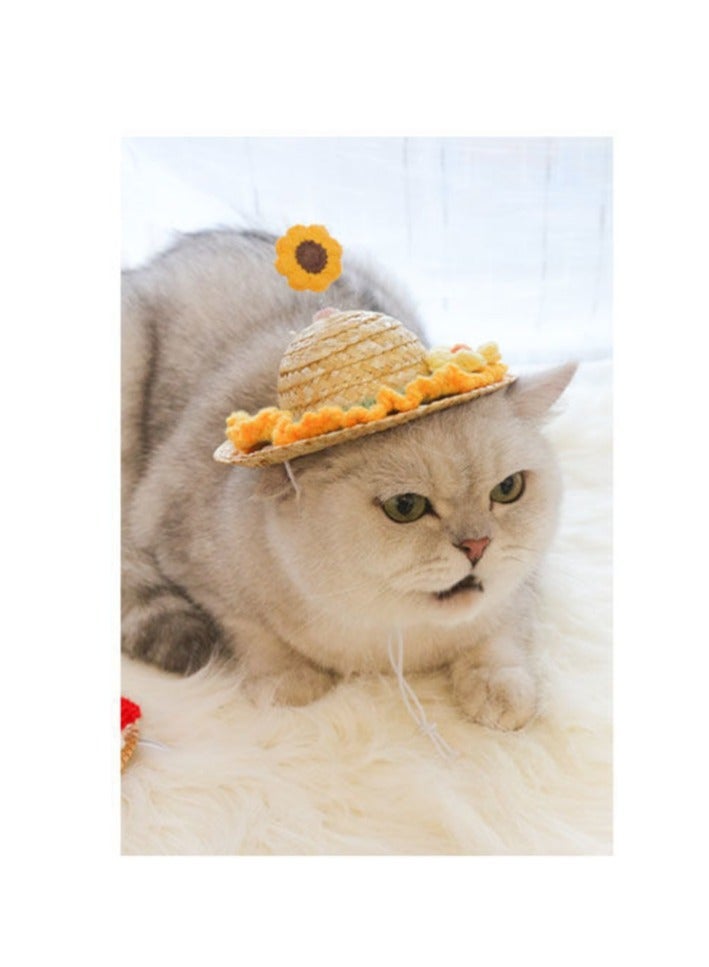 A.M Creative Cute Pet Straw Hat with Adjustable Rope & Metal Spring Pet Sombrero Hat Cat Straw Hat Dog Sun Cap for Summer and Outdoor - Image 1