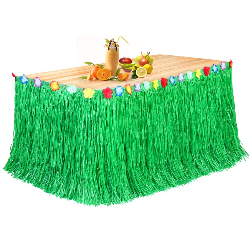 Fovths Luau Grass Table Skirt Natural 9 Feet x 295 Inch Hawaiian Table Skirt for Tropical Hawaiian Party Decorations Luau Party Costume Party Green