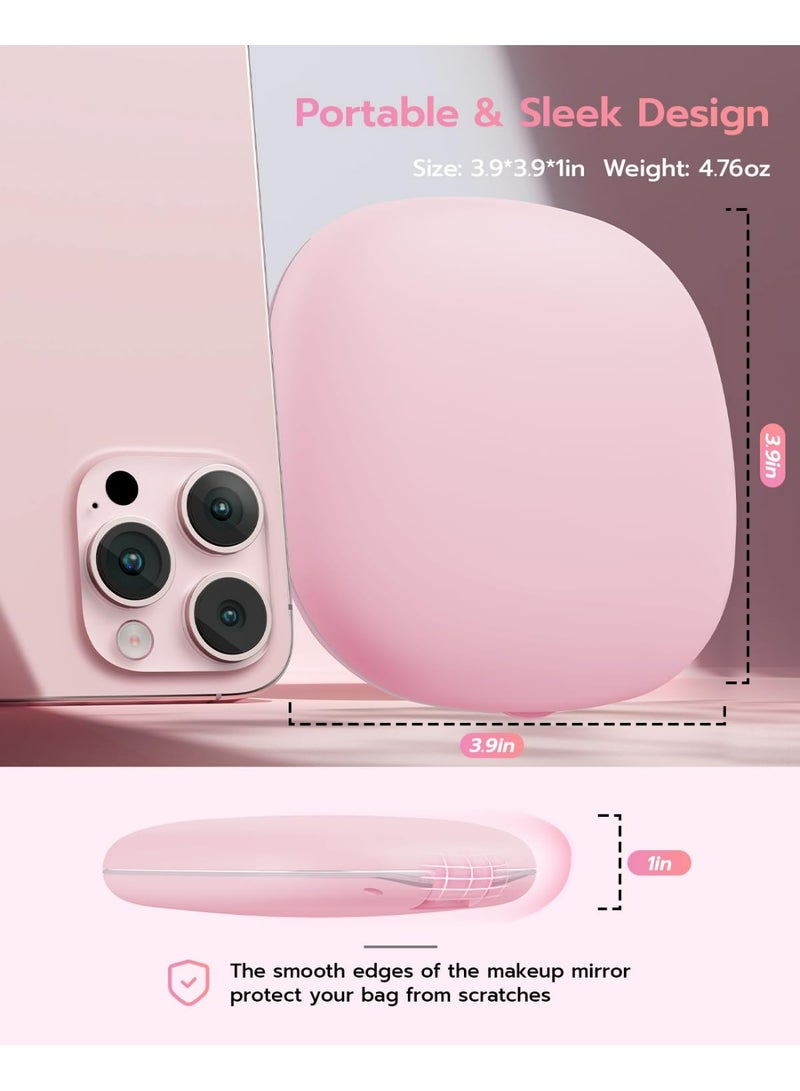 LUMYA Rechargeable LED Compact Makeup Mirror, 10cm Travel Pocket Mirror with 1X 2X Magnification, Double Light Strip, Dimmable, Magnetic Closure, Ideal for Purse or Travel (Light Pink) - Image 3