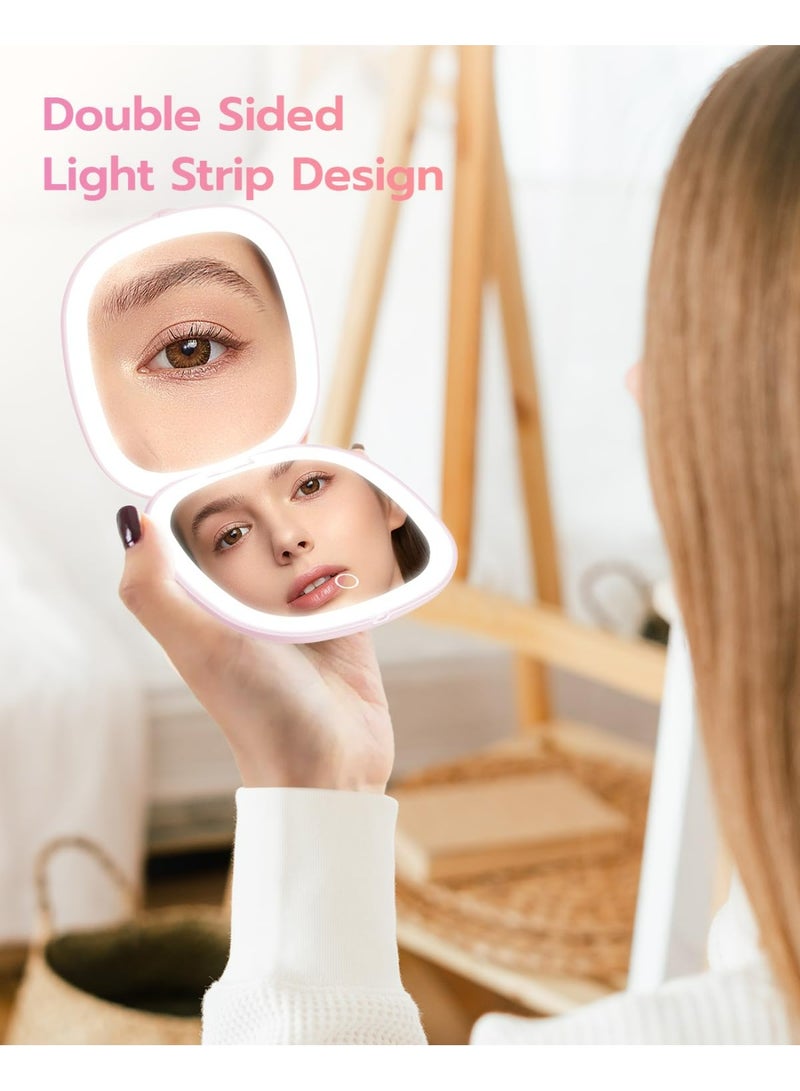 LUMYA Rechargeable LED Compact Makeup Mirror, 10cm Travel Pocket Mirror with 1X 2X Magnification, Double Light Strip, Dimmable, Magnetic Closure, Ideal for Purse or Travel (Light Pink) - Image 5