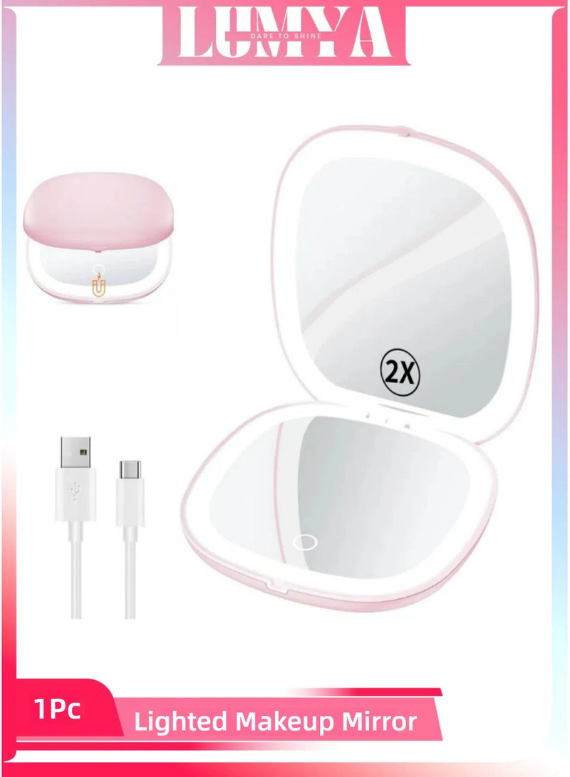 LUMYA Rechargeable LED Compact Makeup Mirror, 10cm Travel Pocket Mirror with 1X 2X Magnification, Double Light Strip, Dimmable, Magnetic Closure, Ideal for Purse or Travel (Light Pink) - Image 2