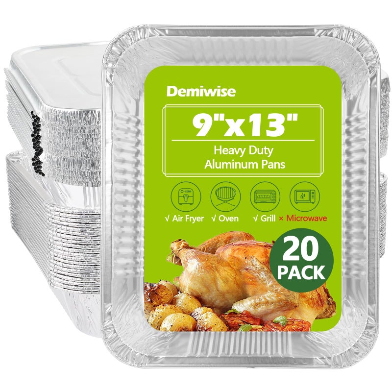 Demiwise Thickened 20 Pack Heavy Duty Aluminum Pans with Lids, 9x13 Aluminum Foil Pans Disposable, Half Size Steam Table Foil Baking Tray for Cooking, Baking, Roasting & Chafing, Carton Packaging - Image 1