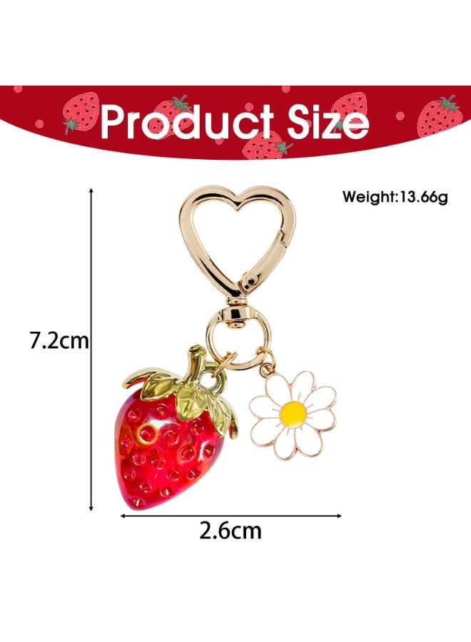 PAWSONIFY 2 Pcs Cute Strawberry Keychain for Women Girls,Kawaii Heart Flower Daisy Key Chain Accessories,Bag Charms, Heart Keychains Decor for Purse Backpack - Image 2