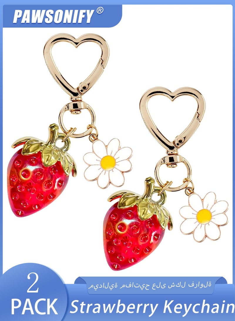 PAWSONIFY 2 Pcs Cute Strawberry Keychain for Women Girls,Kawaii Heart Flower Daisy Key Chain Accessories,Bag Charms, Heart Keychains Decor for Purse Backpack - Image 1