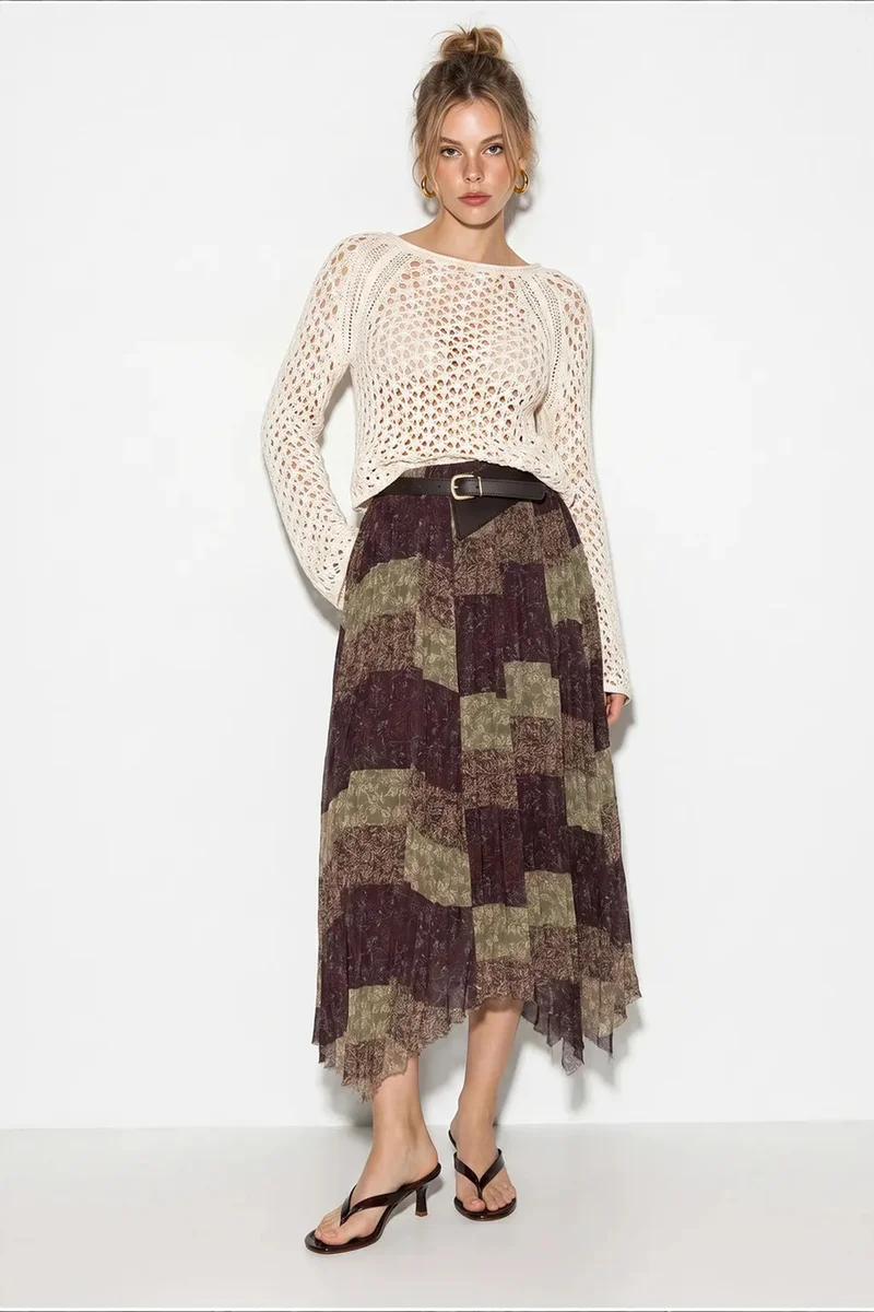 بيانكو لوتشي LUCCI High Waist Paisley Print Midi Skirt with Belt