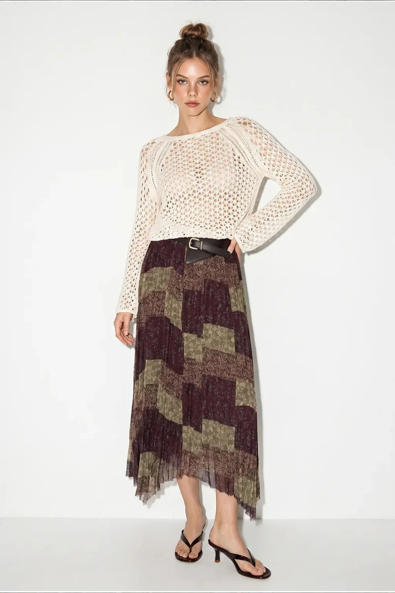 بيانكو لوتشي LUCCI High Waist Paisley Print Midi Skirt with Belt