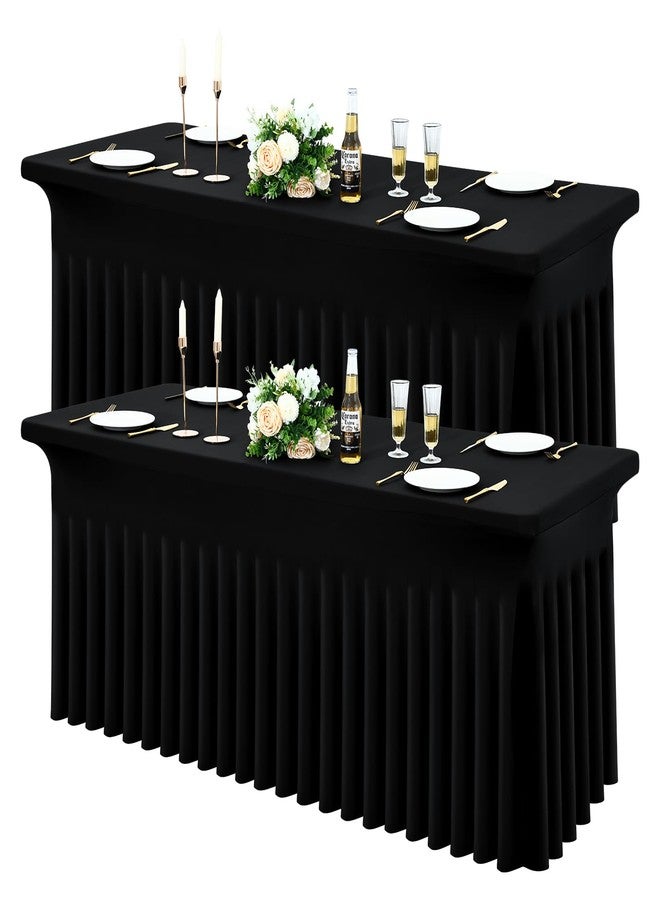 Moosfor Spandex Fitted 8FT Rectangle Tablecloth 2 Pack, Elastic Stretch Wrinkle Resistant Table Skirt, Washable Reusable Table Cover for Wedding, Banquet, Party, Events (Black, 96Lx30Wx30H Inch) - Image 1