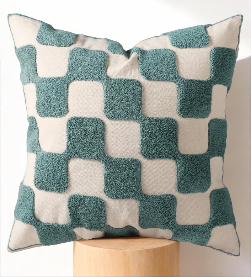 Kokaaee Embroidered Throw Pillow Covers 18x18 Inch - Modern Geometric Decorative Pillow Covers with Zipper for Sofa Couch Living Room Chair Bed Car Aesthetic Design Linen Pillow Cases, Green Plaid - Image 1