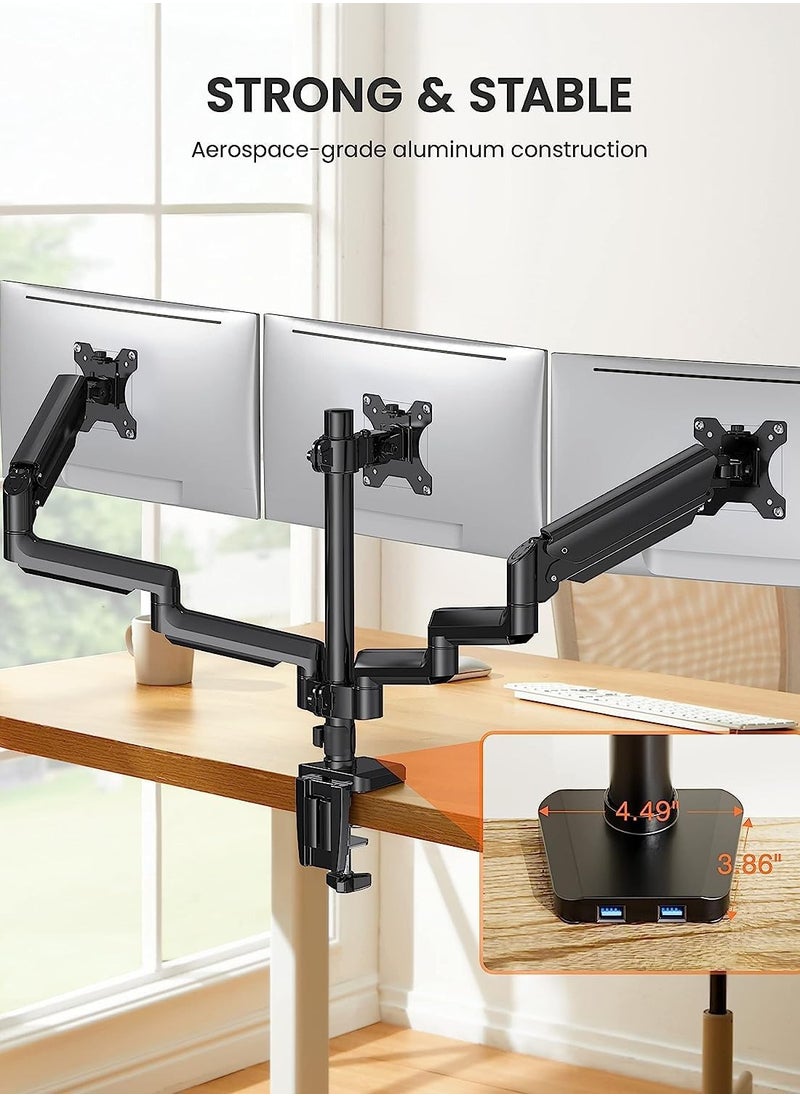 ELTRAZONE 3 Monitor Desk Mount – Gas Spring Triple Arm Monitor Stand with USB, Supports 13-27 Inch Screens, Each Arm Holds Up to 17.6 lbs, VESA 75x75 & 100x100, Heavy Duty, Durable  - Image 4