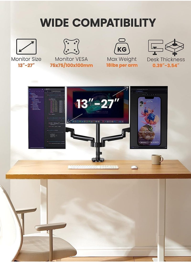 ELTRAZONE 3 Monitor Desk Mount – Gas Spring Triple Arm Monitor Stand with USB, Supports 13-27 Inch Screens, Each Arm Holds Up to 17.6 lbs, VESA 75x75 & 100x100, Heavy Duty, Durable  - Image 2