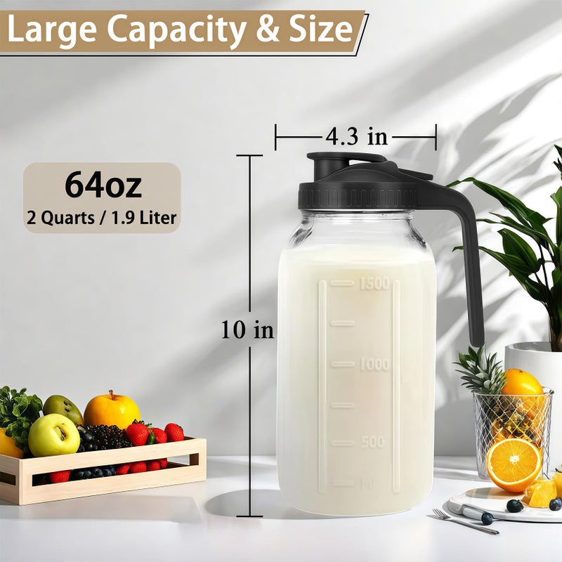 Glabotoil 64oz Glass Pitcher with Handle and Lid, 2 Quart Mason Jar Pitcher - Airtight & Leakproof Water Jug with Pour Spout Lid, Glass Containers for Fridge, Perfect for Juice, Cold Brew, Iced & Sun Tea - Image 2