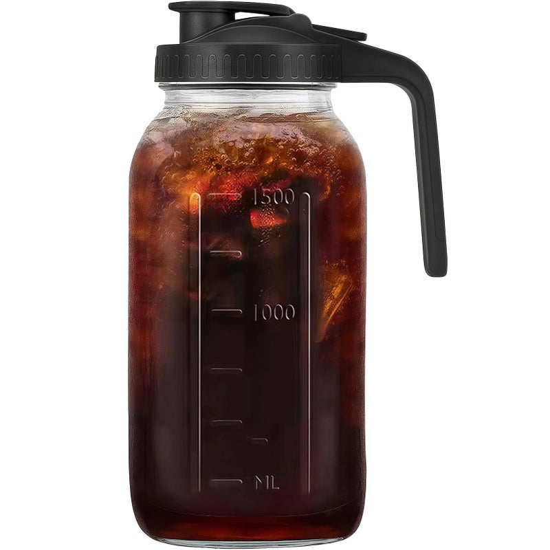 Glabotoil 64oz Glass Pitcher with Handle and Lid, 2 Quart Mason Jar Pitcher - Airtight & Leakproof Water Jug with Pour Spout Lid, Glass Containers for Fridge, Perfect for Juice, Cold Brew, Iced & Sun Tea - Image 1