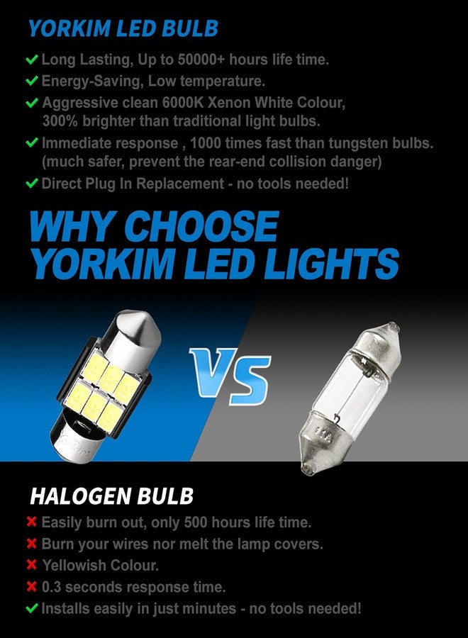 Yorkim مصابيح يوركيم فيستون LED بيضاء فائقة السطوع 31 مم، مناسبة للاستخدام الداخلي للسيارة، خالية من الأخطاء، مزودة بنظام CANBUS، 6 شرائح SMD 5730، موديل DE3175، عبوة من قطعتين. - Image 4