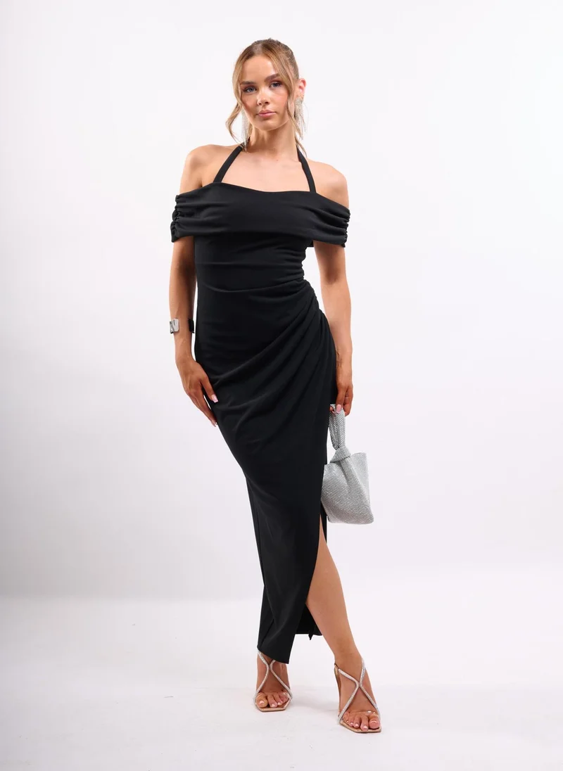 Faia Black Black Bardot Maxi Dress with Halter Strap for Women | Best Price UAE