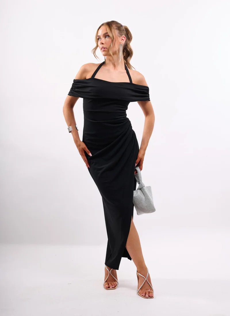 Faia Black Black Bardot Maxi Dress with Halter Strap for Women | Best Price UAE