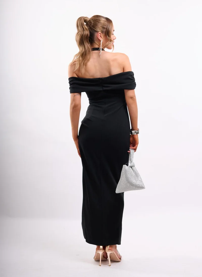 Faia Black Black Bardot Maxi Dress with Halter Strap for Women | Best Price UAE