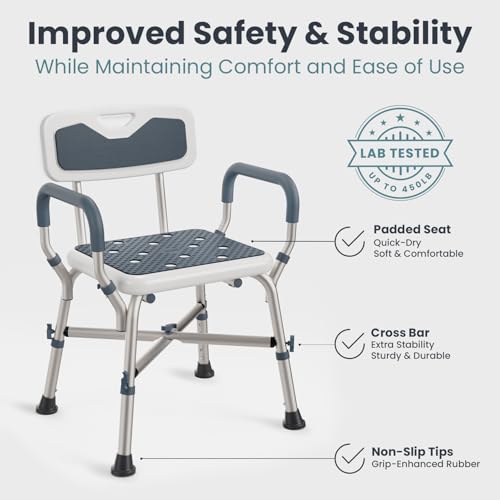 PELEGON Shower Chair (450lb) with Padded Armrests and Back, Showers Chair for Elderly and Disabled, Adjustable Height Shower Seat, Heavy Duty Shower Chairs for Inside Shower, Handicap - Grey - Image 2
