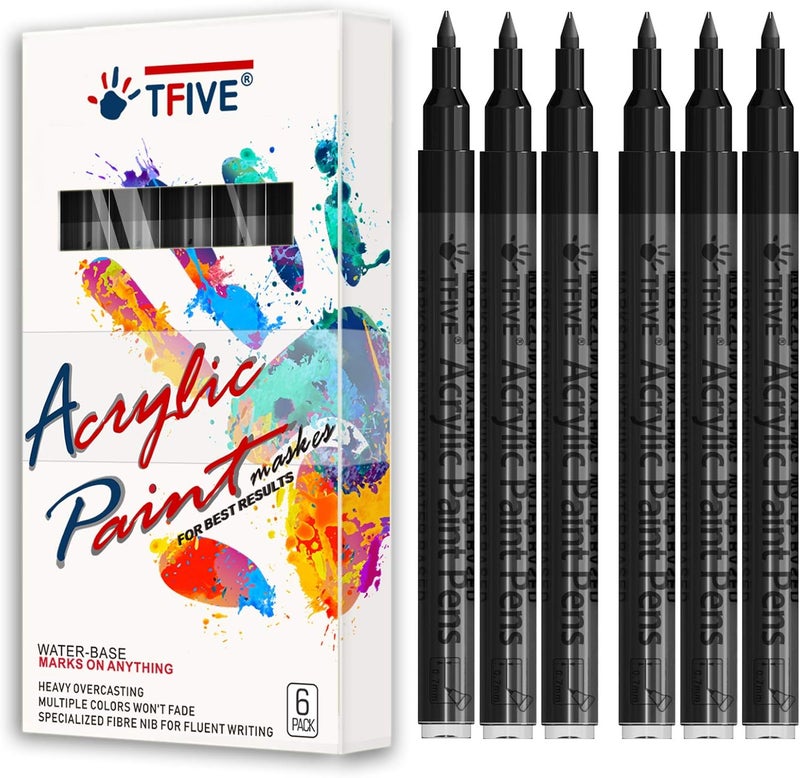 TFIVE Black Marker Paint Pens - 6 Pack Acrylic Black Permanent Marker, 0.7mm Extra Fine Tip Paint Pen for Art projects, Drawing, Rock Painting, Stone, Ceramic, Glass, Wood, Plastic, Metal, Canvas DIY Crafts - Image 1