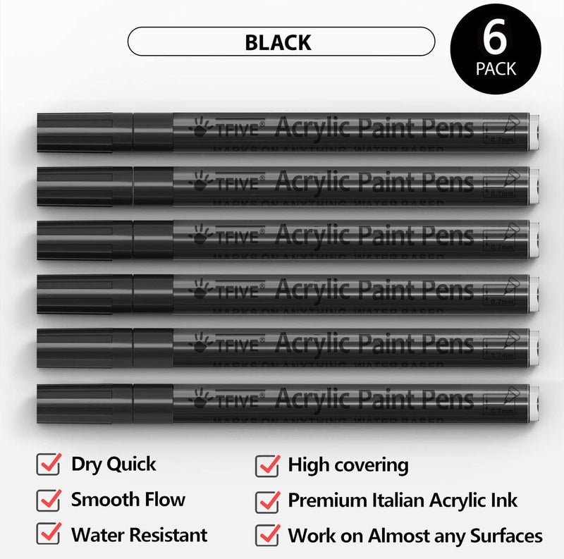 TFIVE Black Marker Paint Pens - 6 Pack Acrylic Black Permanent Marker, 0.7mm Extra Fine Tip Paint Pen for Art projects, Drawing, Rock Painting, Stone, Ceramic, Glass, Wood, Plastic, Metal, Canvas DIY Crafts - Image 2