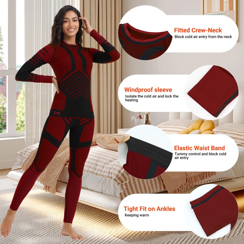 MEETWEE Thermal Underwear for Women, Long Johns Ski Cold Weather Gear Set Base Layer Warm Winter Top and Bottom Running Red - Image 3