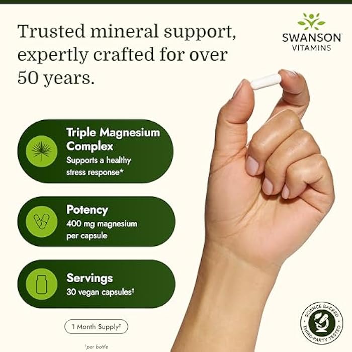 Swanson Triple Magnesium Complex - Mineral Supplement - Natural Support - Featuring Citrate, Oxide & Aspartate - (30 Capsules, 400mg Each,) (2 Pack) - Image 3