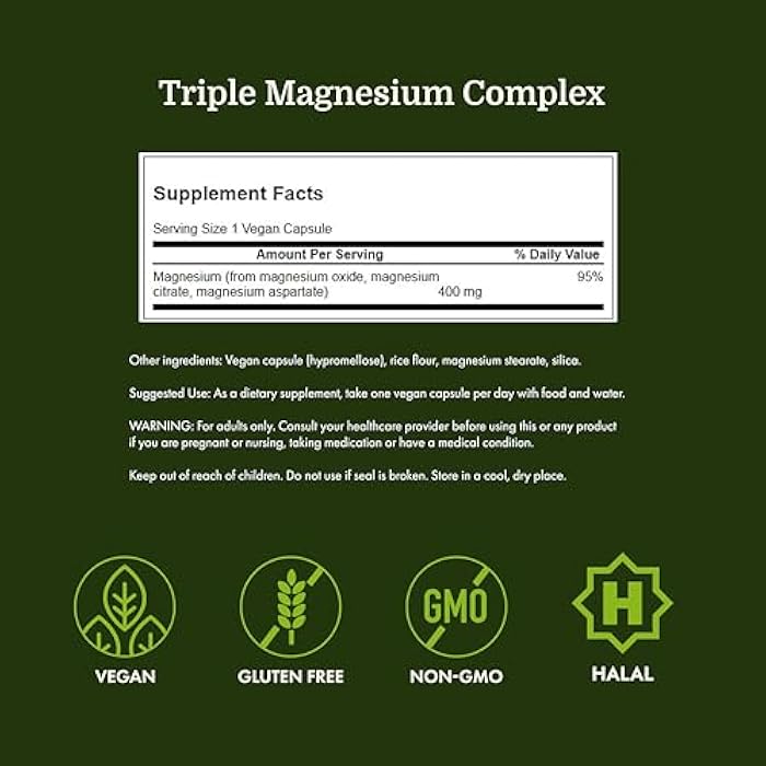Swanson Triple Magnesium Complex - Mineral Supplement - Natural Support - Featuring Citrate, Oxide & Aspartate - (30 Capsules, 400mg Each,) (2 Pack) - Image 4