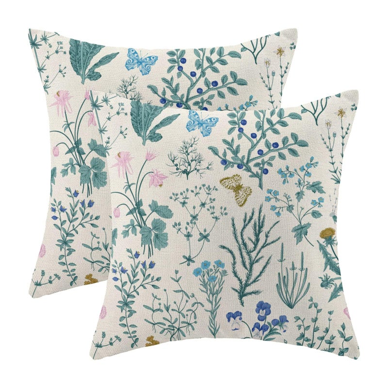 AEIOAE Spring Pillow Covers 22x22 Inch Set of 2Blue Teal Wild Flower Plant Throw Pillows CaseSeasonal Floral Outdoor Decorative Square Linen Farmhouse Decor Cushion Covers for Home Sofa Bed Couch