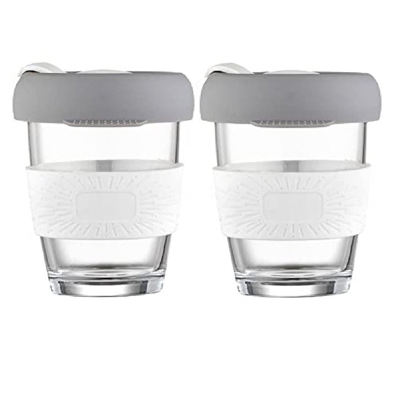 Ramkuwar Reusable Glass Tea Coffee Mug Shaker with Lid and Anti Slip Silicone Band Thick Glass Tumbler Leak Proof Travel Cup Sipper Bottle for Hot and Cold Drinks 350 ml White Pack 2 - Image 1