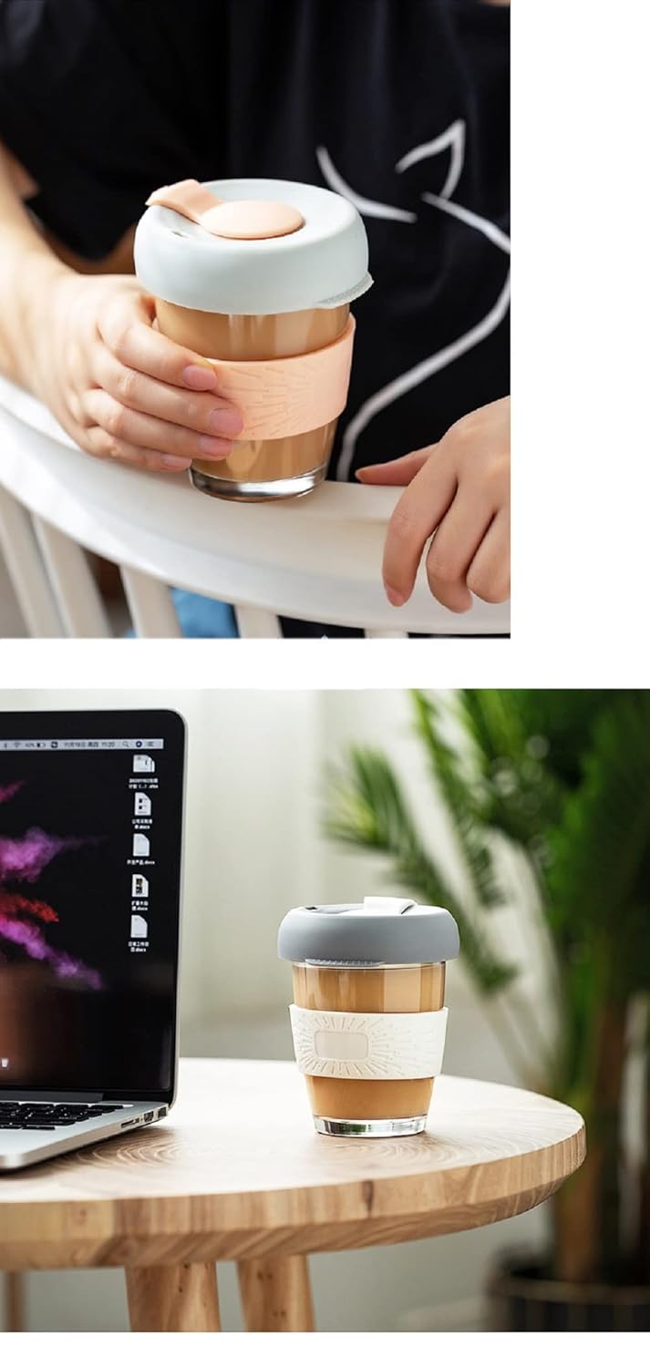 Ramkuwar Reusable Glass Tea Coffee Mug Shaker with Lid and Anti Slip Silicone Band Thick Glass Tumbler Leak Proof Travel Cup Sipper Bottle for Hot and Cold Drinks 350 ml White Pack 2 - Image 3